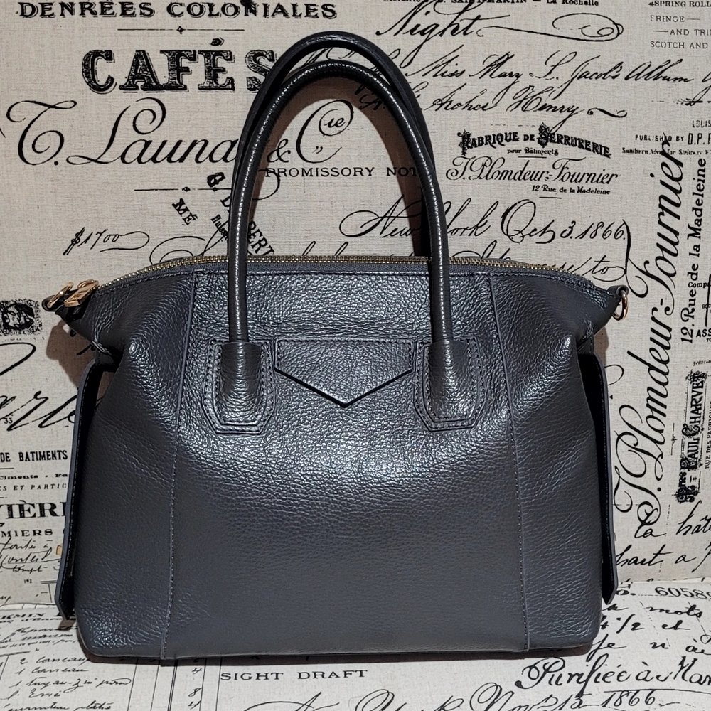 Gray Leather Satchel with Top Handle